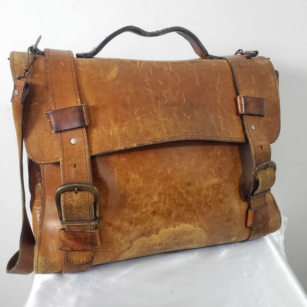 Handmade Vintage Genuine Brown Goat Leather Crossbody Men's Messenger Bag - Picture 5 of 13